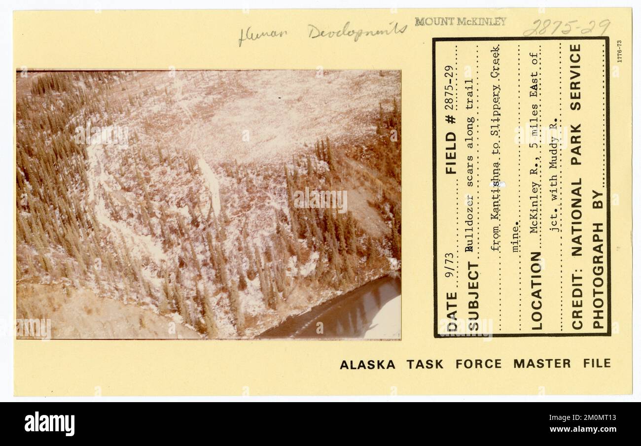 Bulldozer scars along trail from Kantishna to Slipper Creek mine. Alaska Task Force Photographs Stock Photo