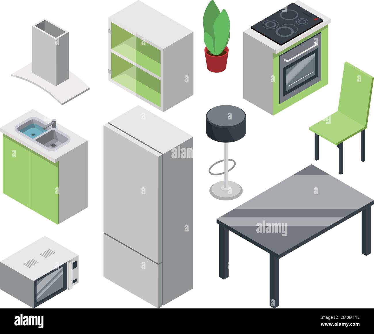 Kitchen furniture set. Isometric home decoration elements Stock Vector