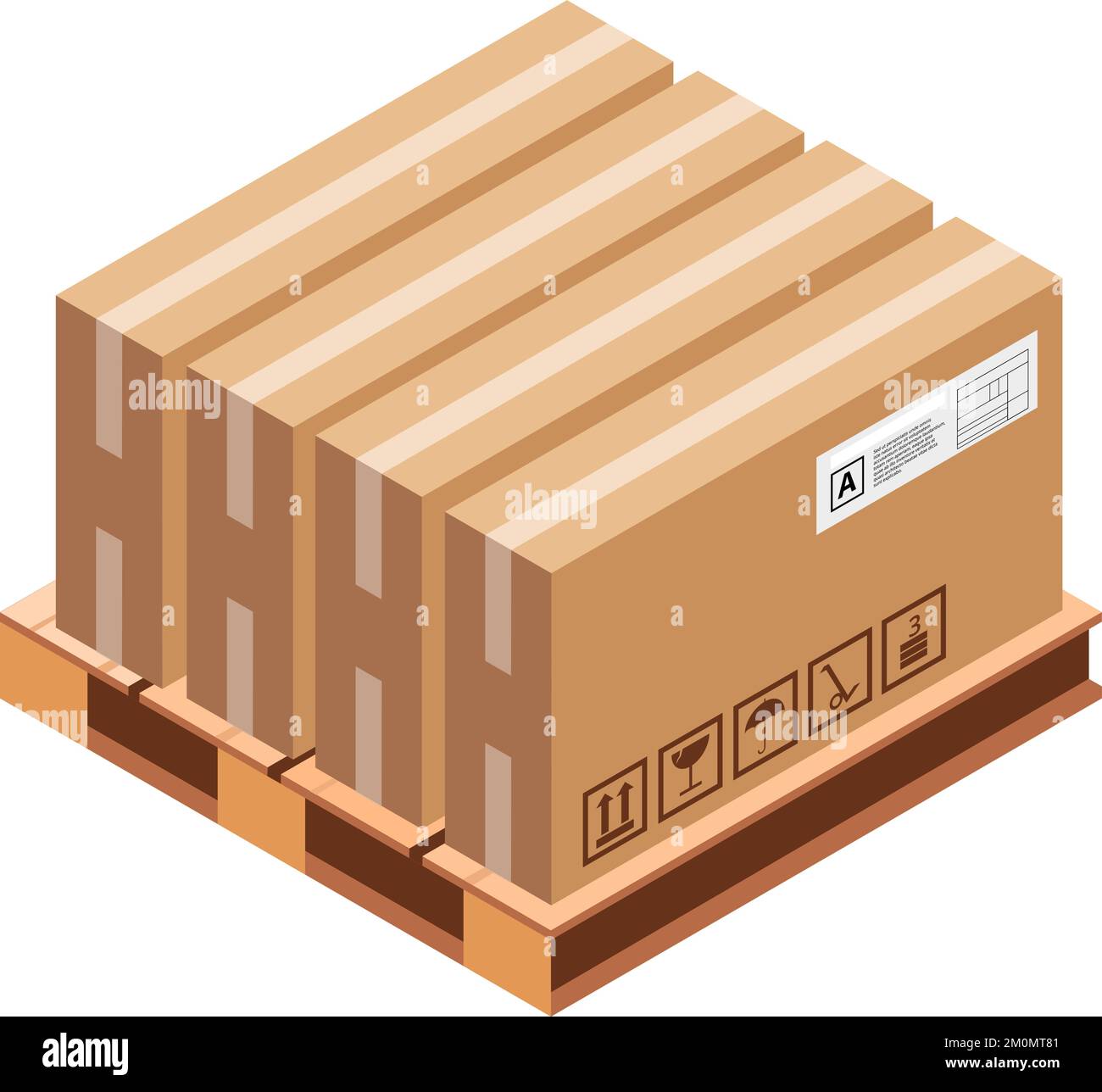 Warehouse pallet with shipping boxes. Cardboard cargo packages stack isometric icon Stock Vector