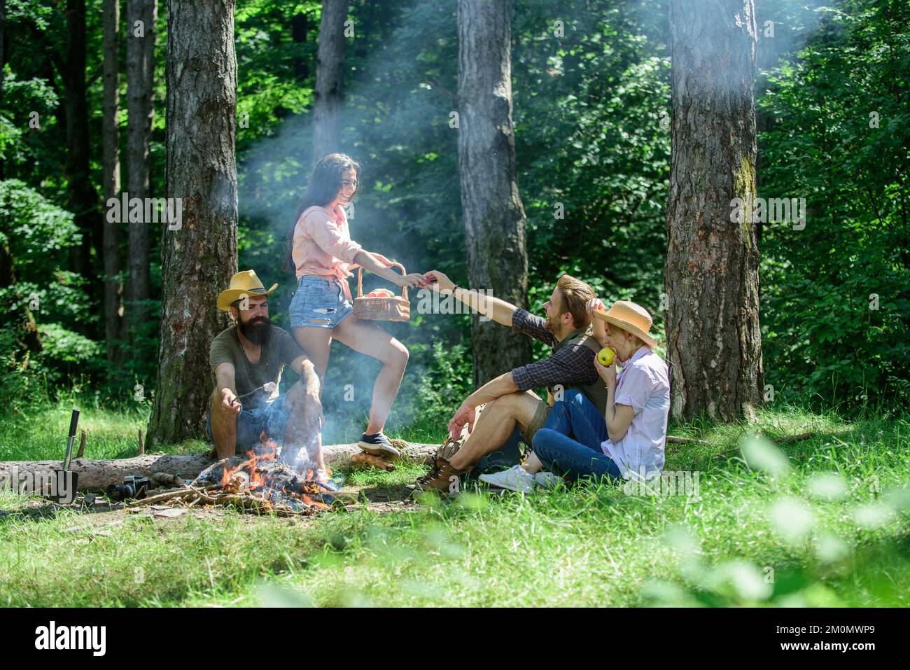 Friends enjoy picnic eat food nature forest background. Plan for
