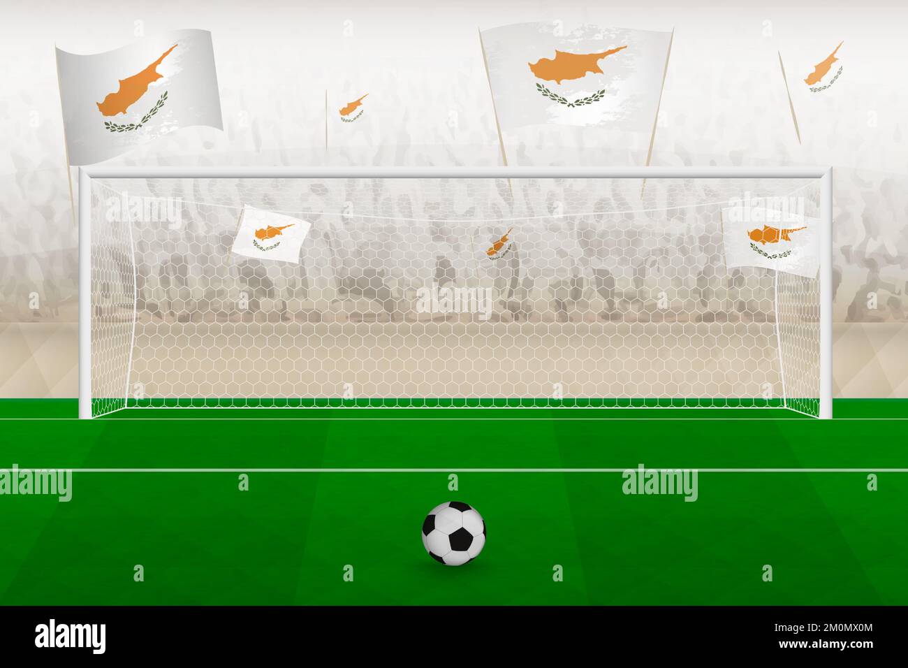 Cyprus football team fans with flags of Cyprus cheering on stadium, penalty kick concept in a