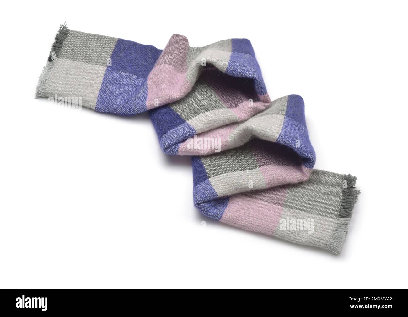 Blue plaid woolen scarf isolated on white Stock Photo