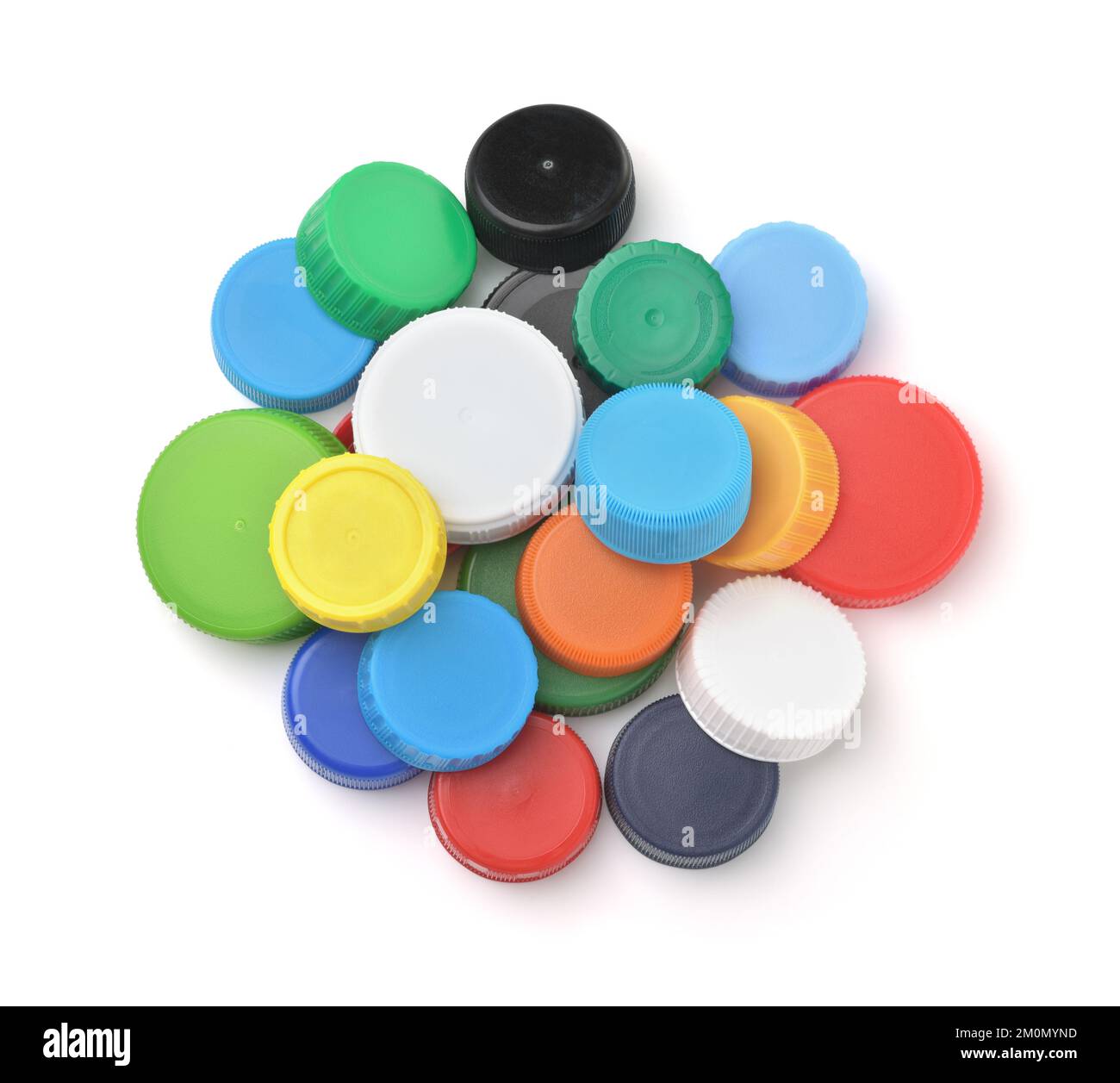 Top view of colorful plastic bottle caps isolated on white Stock Photo