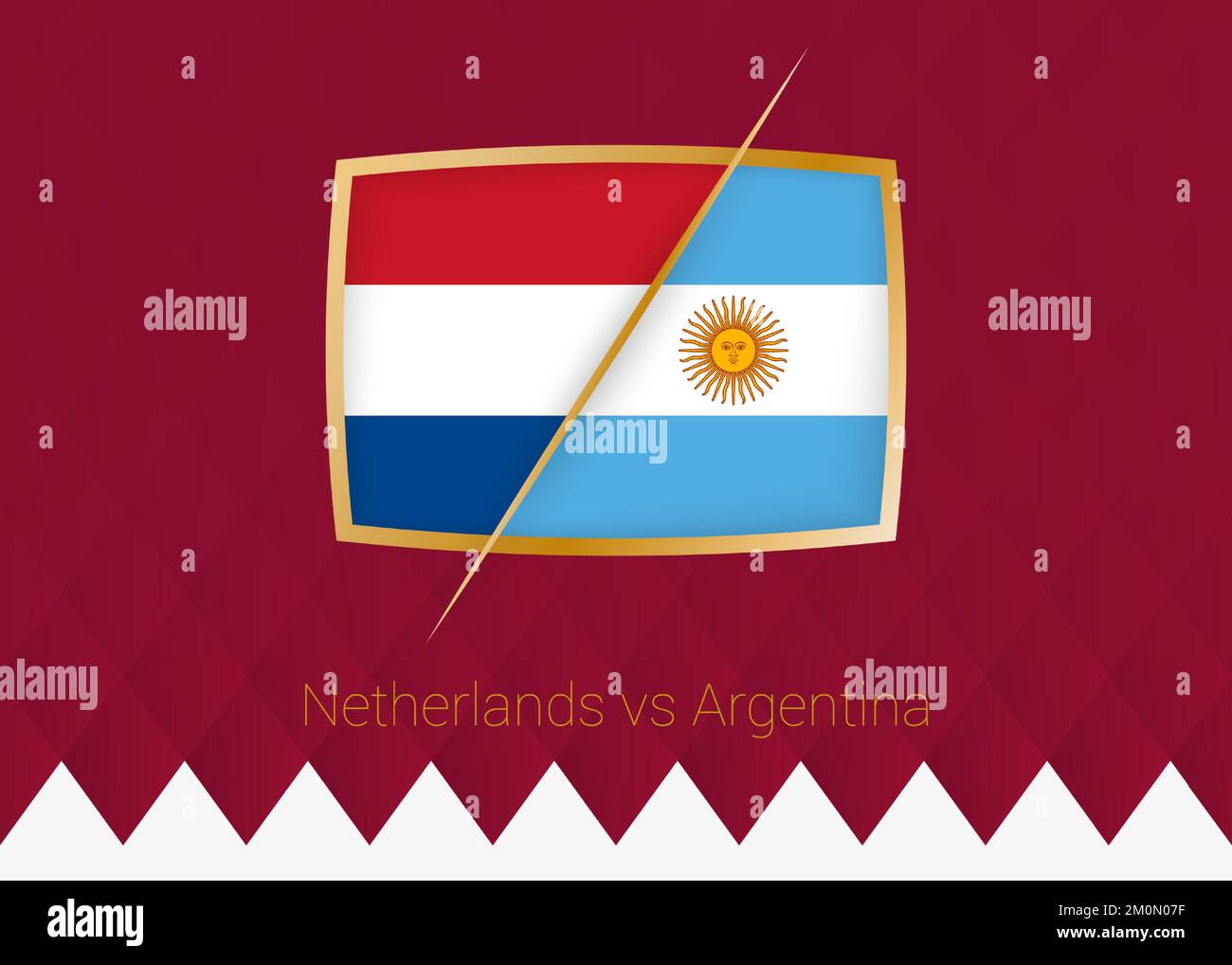 Netherlands vs Argentina, Quarter finals icon of football competition on burgundy background. Vector icon. Stock Vector