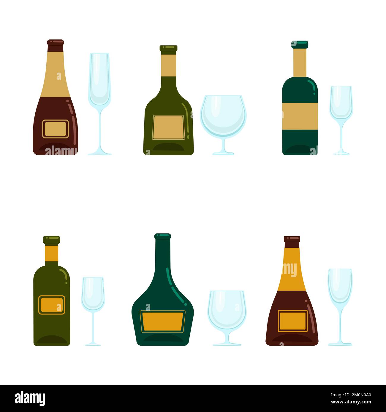 A set of bottles with alcohol and various glasses. Vector objects in flat style, isolated
