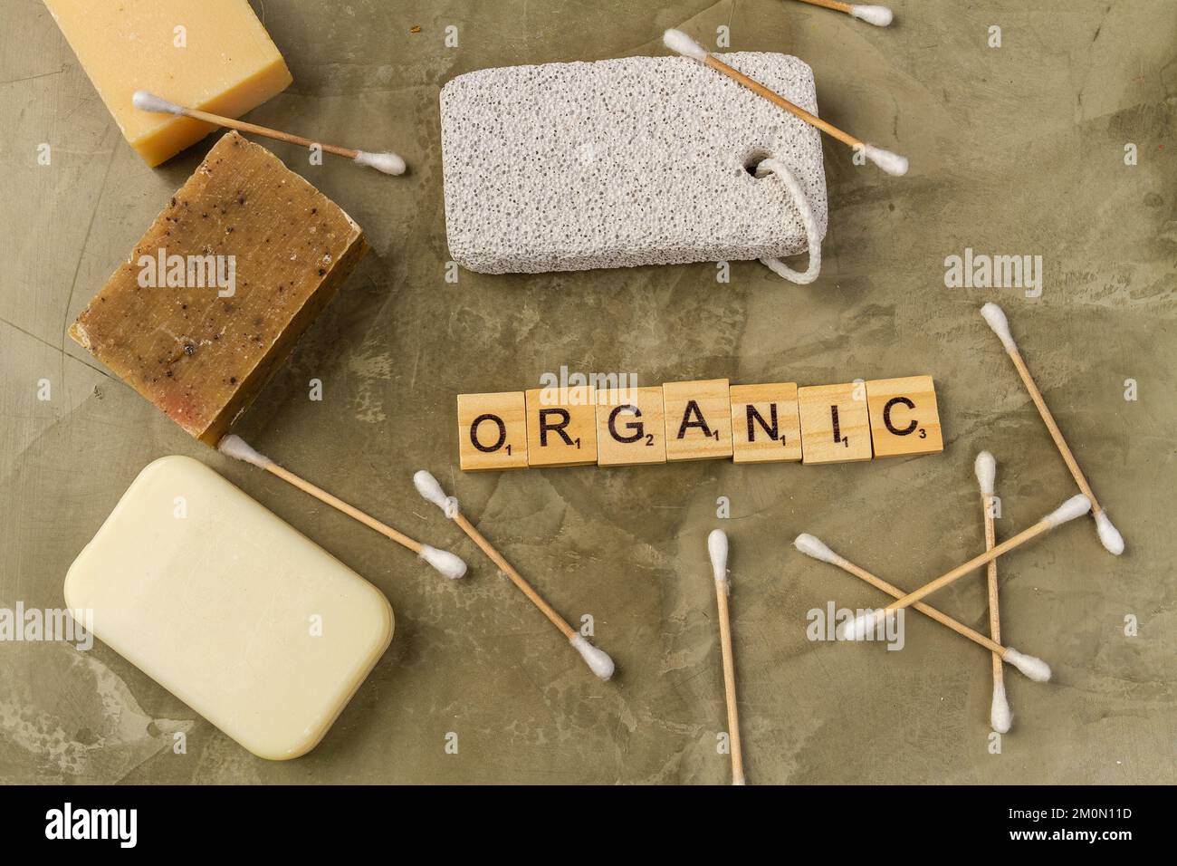 Top view organic bath accessories on brown background. Handmande craft