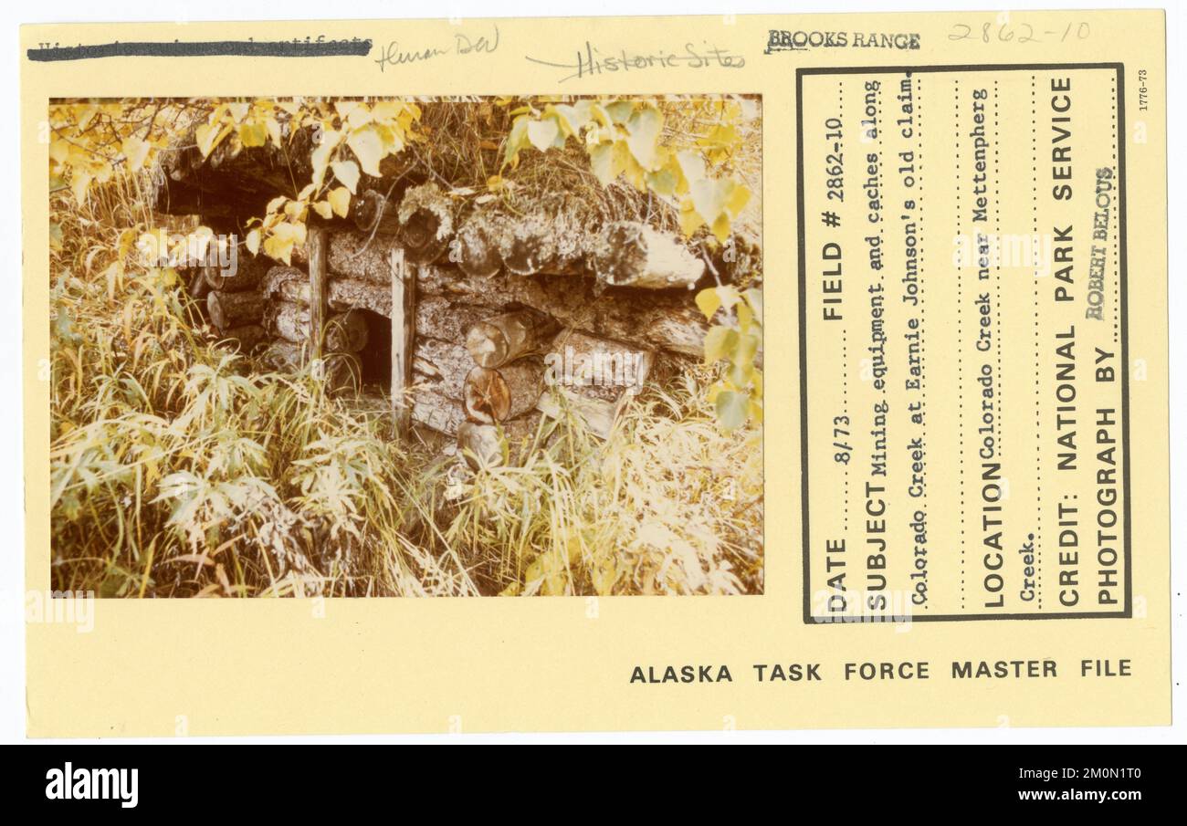 Mining equipment and caches along Colorado Creek at Earnie Johnson's