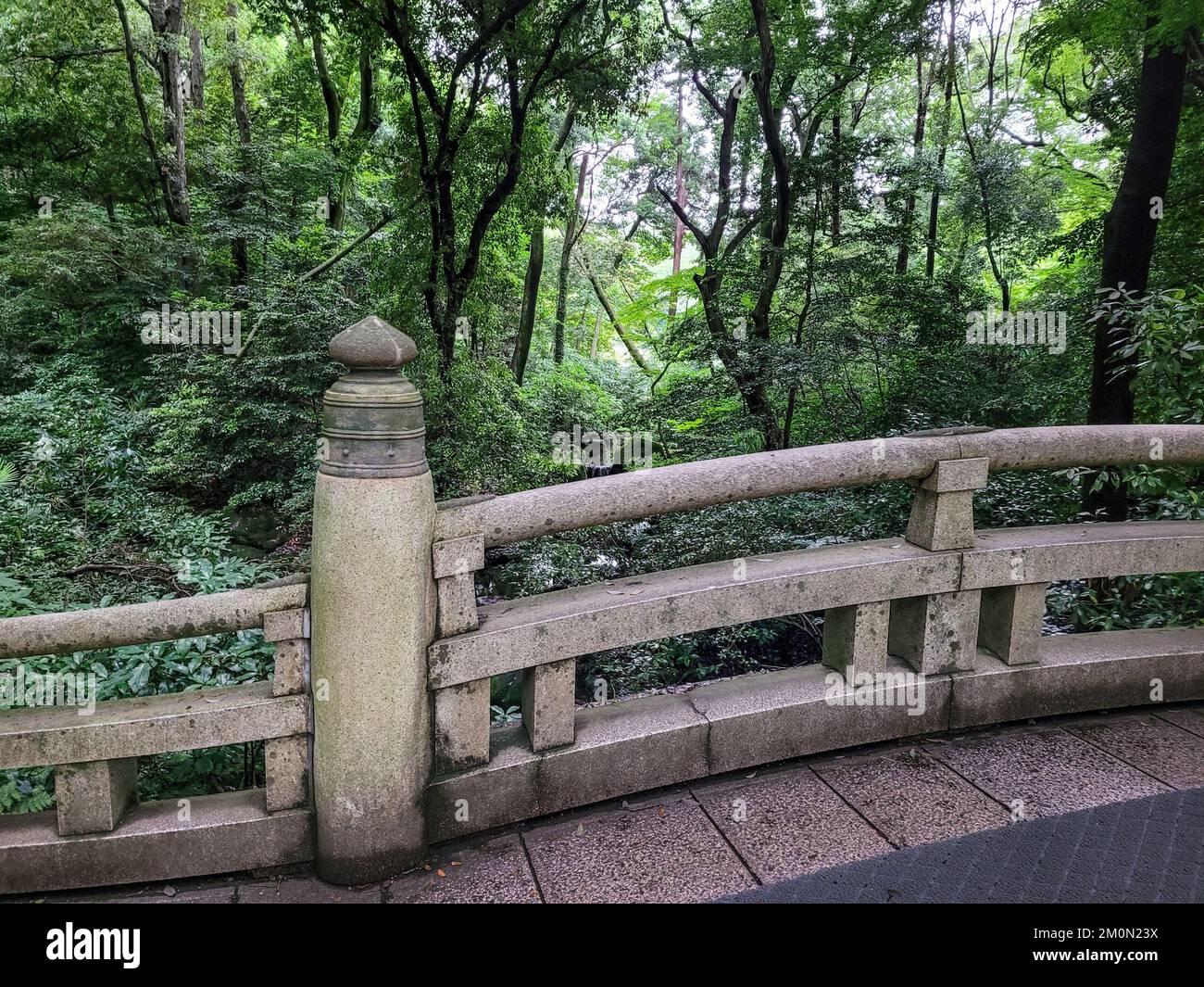 Japanese stone bridge in the forest at Meiji Jingu shrine in Tokyo, Japan Stock Photo