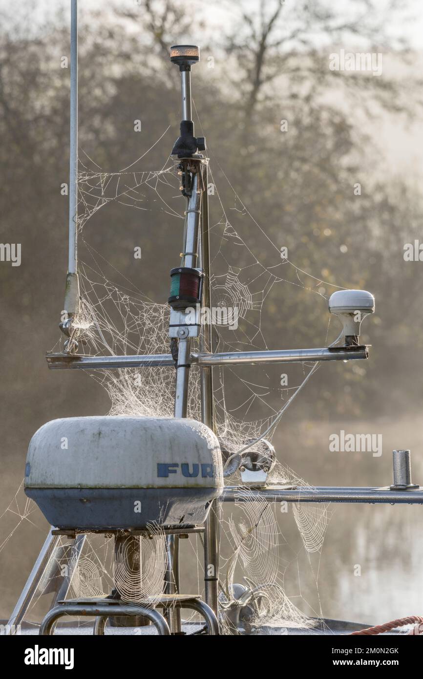 Stainless steel masthead of moored small motor boat (on tidal river mooring). Navigation lights and Furuno radar radome visible. Stock Photo