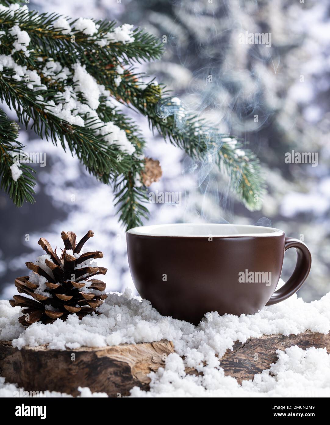 https://c8.alamy.com/comp/2M0N2M9/steaming-hot-drink-in-a-coffee-cup-on-a-snow-covered-tree-stump-with-a-winter-background-2M0N2M9.jpg