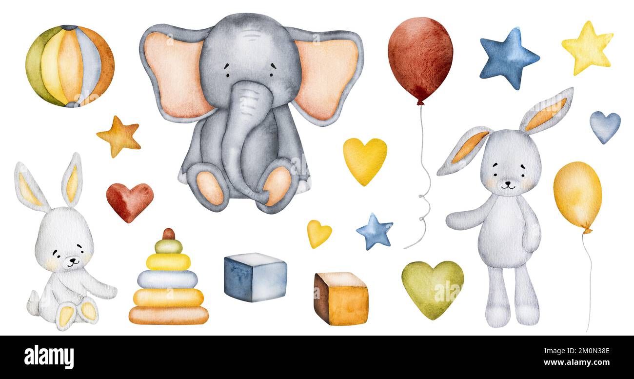 Cute watercolor bunny rabbit and elephant paintings for postcard Stock ...