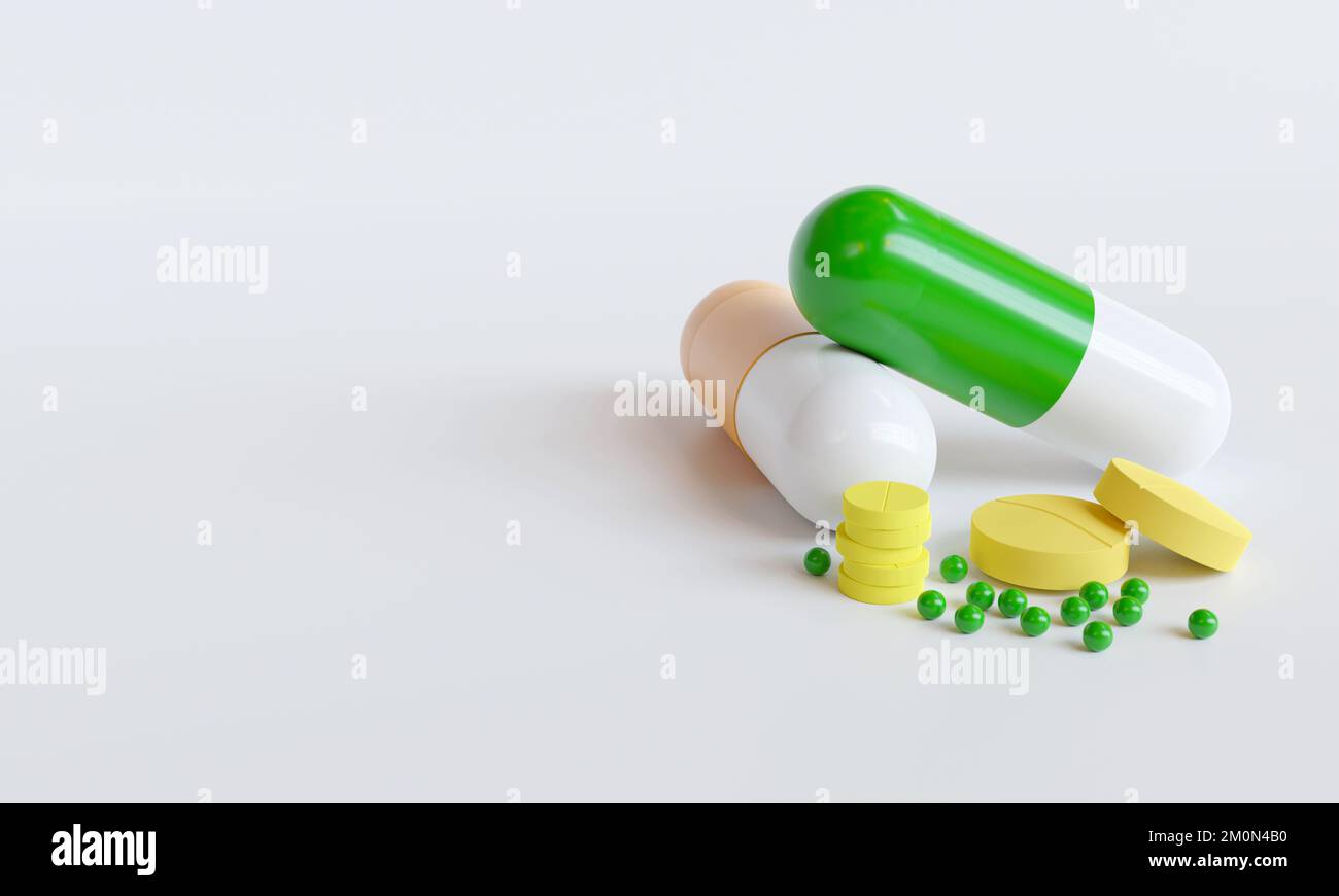 Vitamin C, D, E, A. tablets background with copy space, can be used as ...