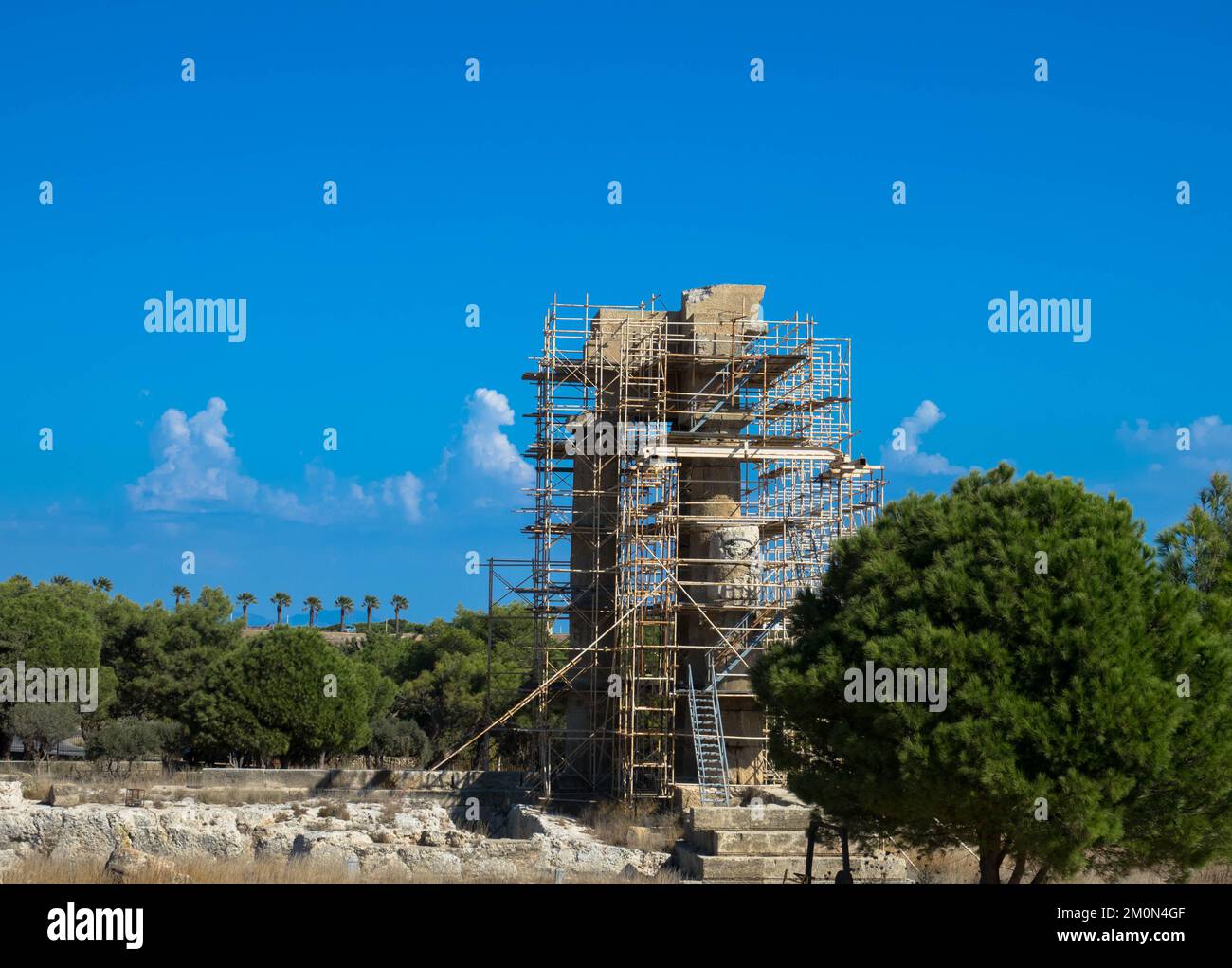Monte Smith Acropolis of Rhodes. Part of the three-and-a-half column peripteral temple was rebuilt, but is now supported by a steel framework. Stock Photo