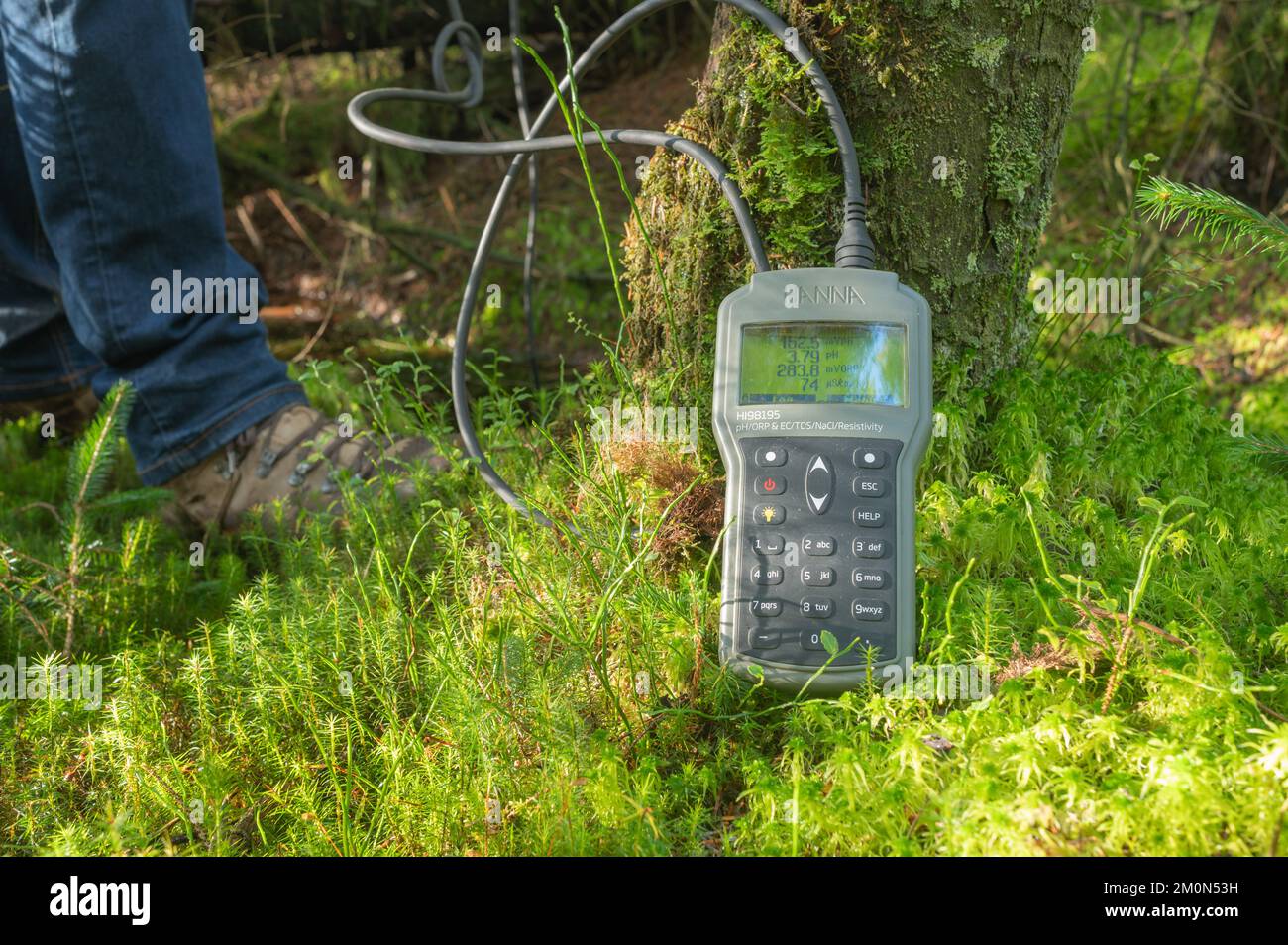 Hanna probe and meter measuring chemical proprties of water in the headwaters of the River Doethie, Bryn Deilos, Wales, UK Stock Photo
