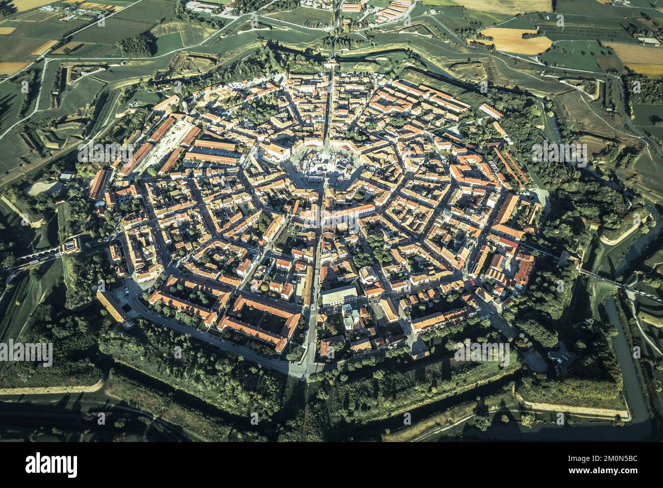 Star fort town of Palmanova aerial view, UNESCO world heritage site in Friuli Venezia Giulia region of Italy Stock Photo