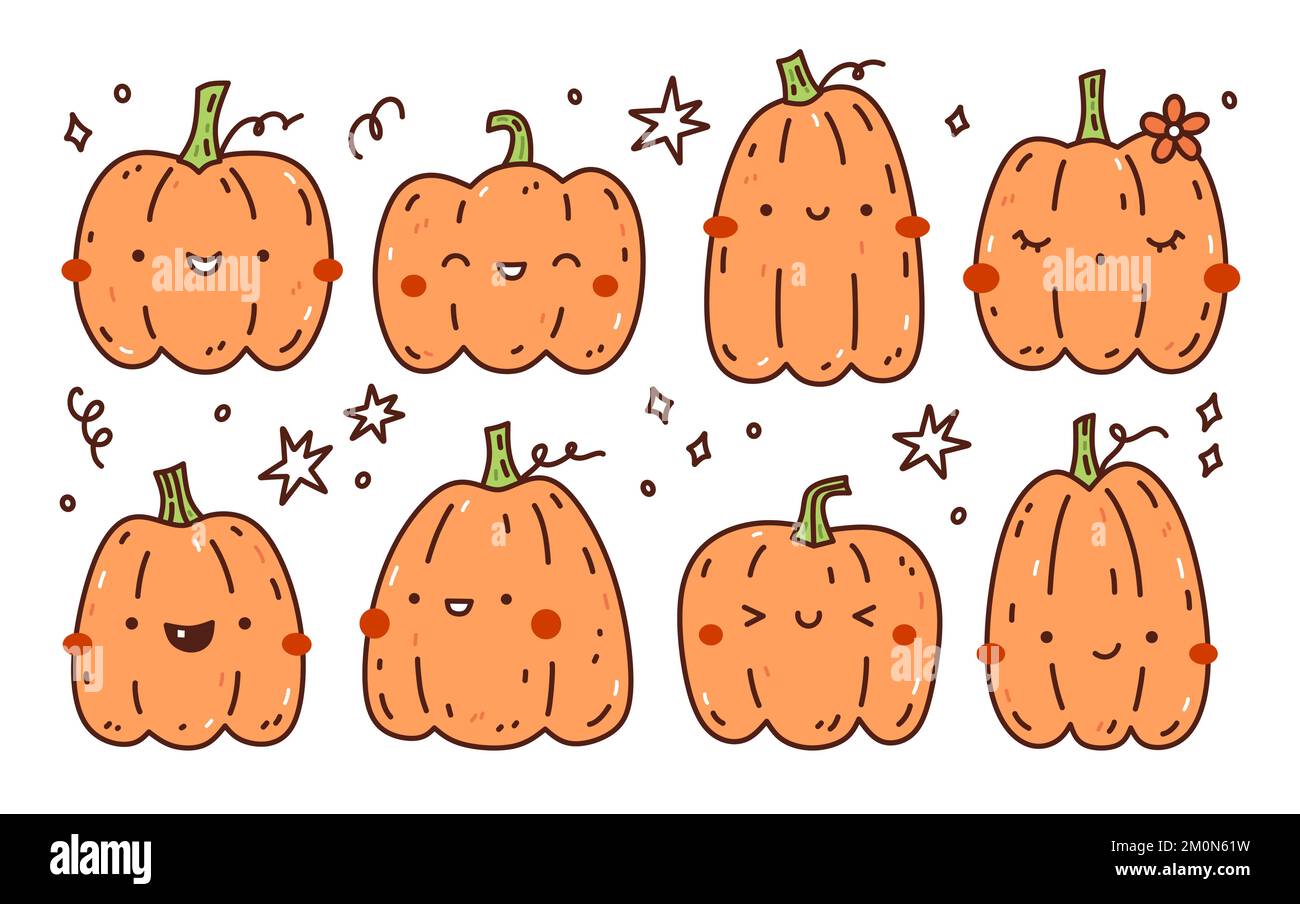 Set of cute and funny orange pumpkins isolated on white background ...