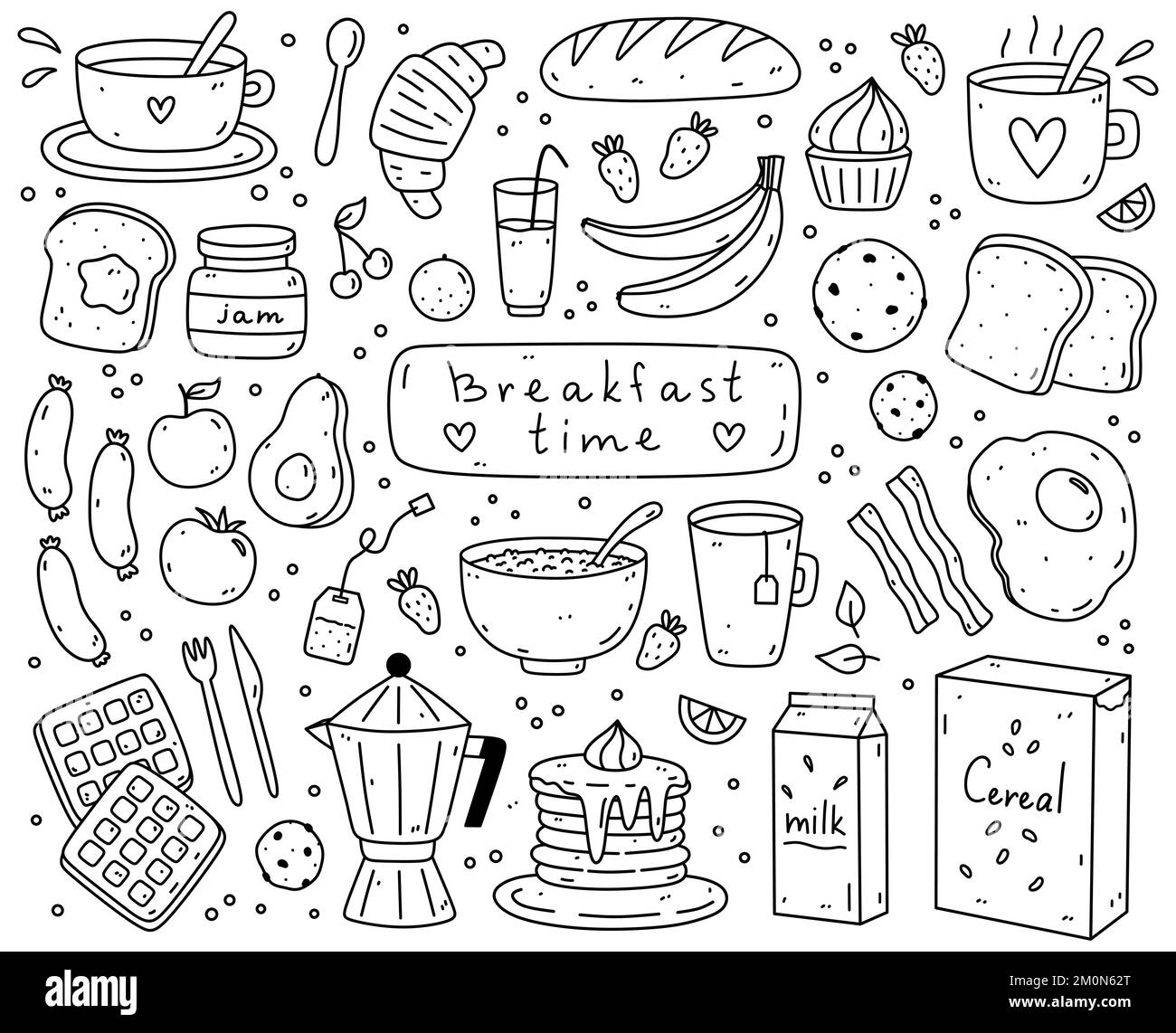 Cute set of breakfast food - fried eggs, bacon, toasts, sausages, coffee, tea, oatmeal, pancakes, cereal flakes and others. Vector hand-drawn doodle illustration. Perfect for cards, decorations, logo. Stock Vector