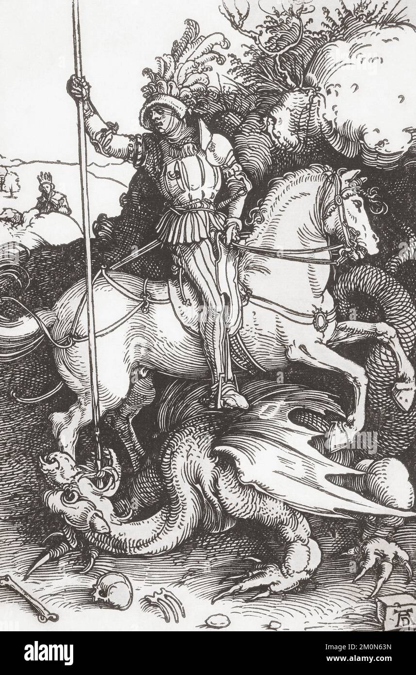 Saint George slays the dragon.  After a print by Albrecht Durer. Stock Photo