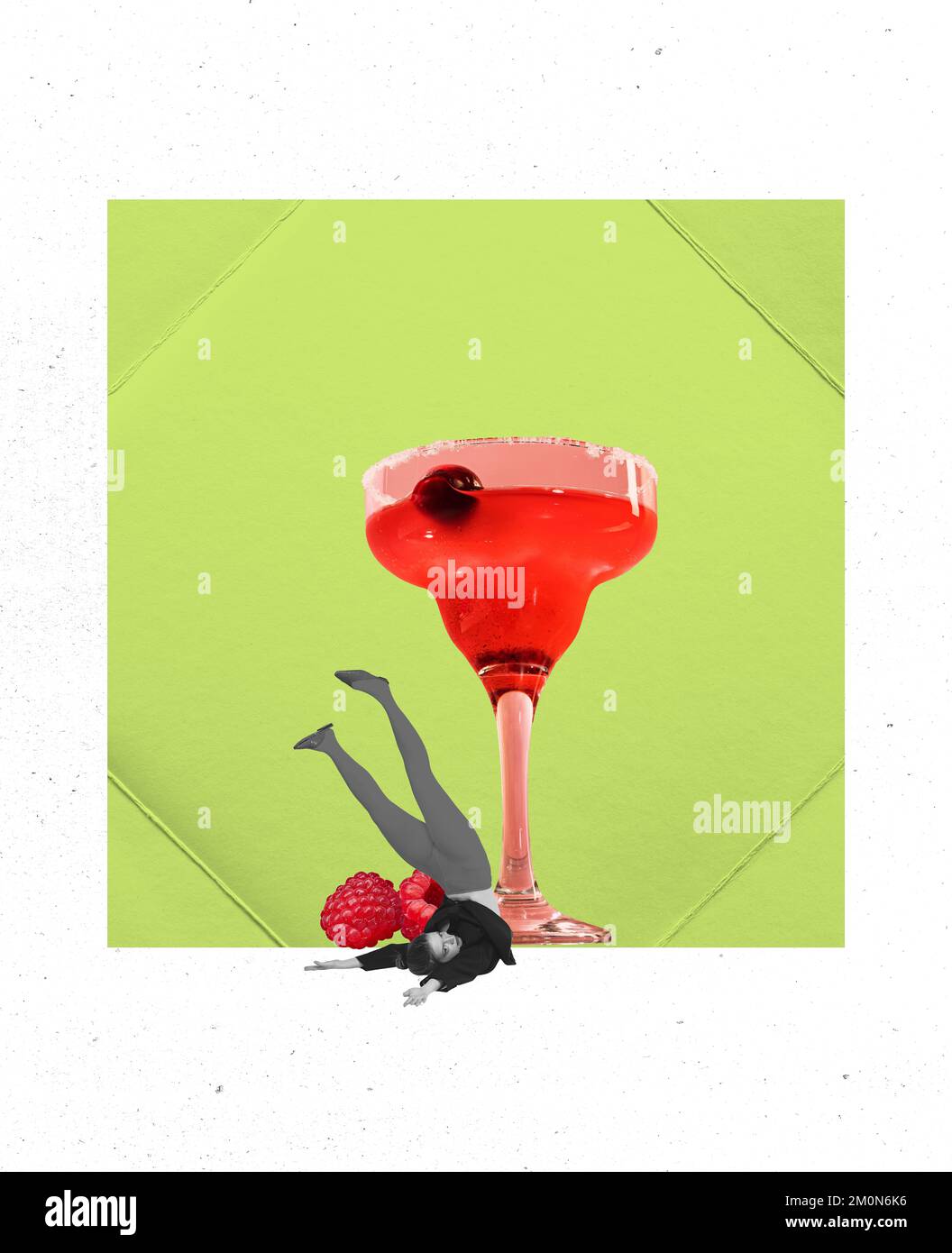 Contemporary art collage with weird girl and big cocktail glass over