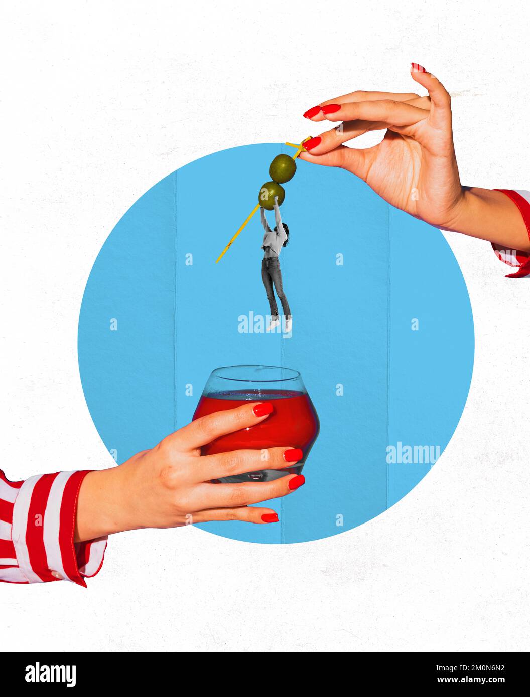 Young girl falling down into huge glass with margarita cocktail