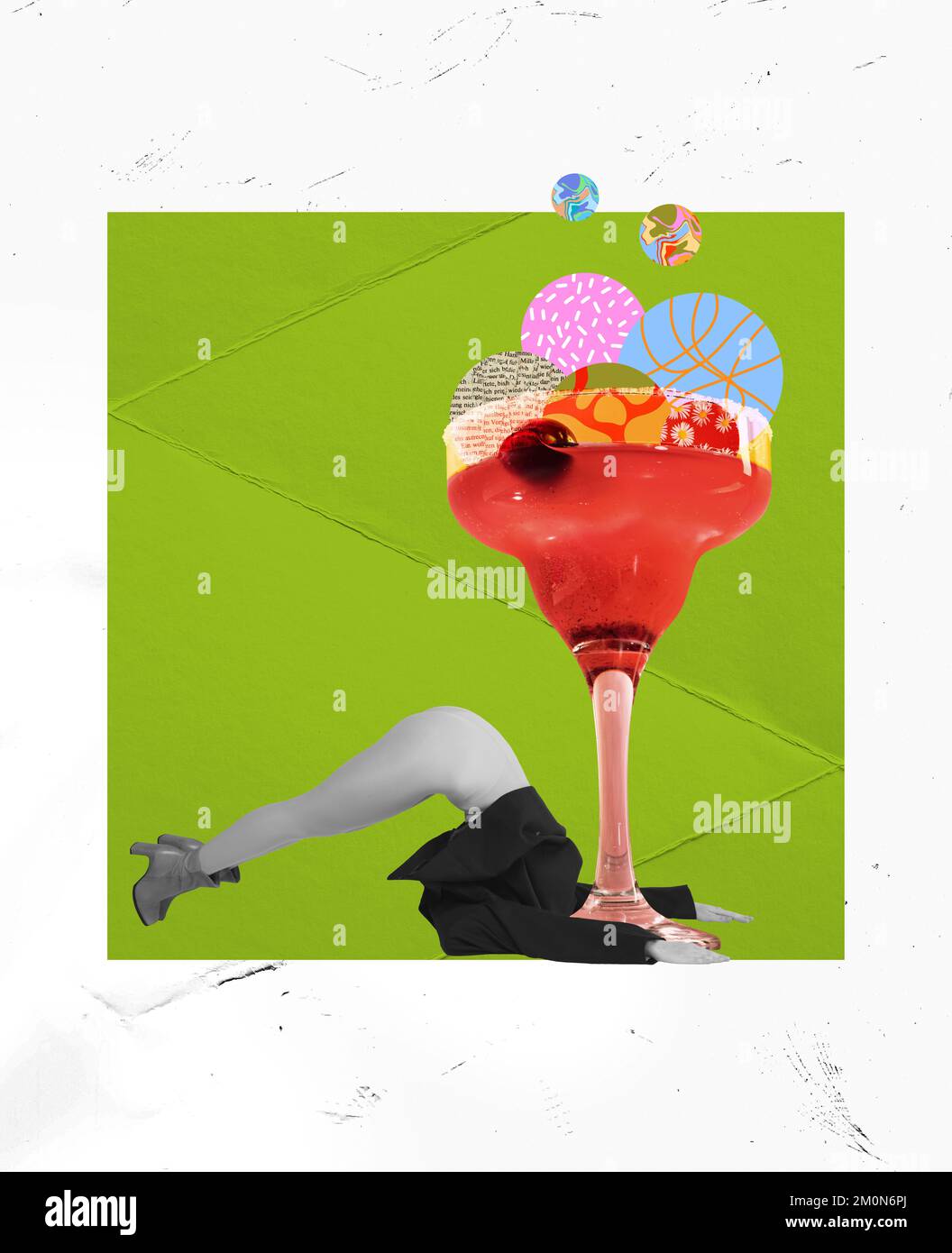 Contemporary art collage with weird girl and big cocktail glass over