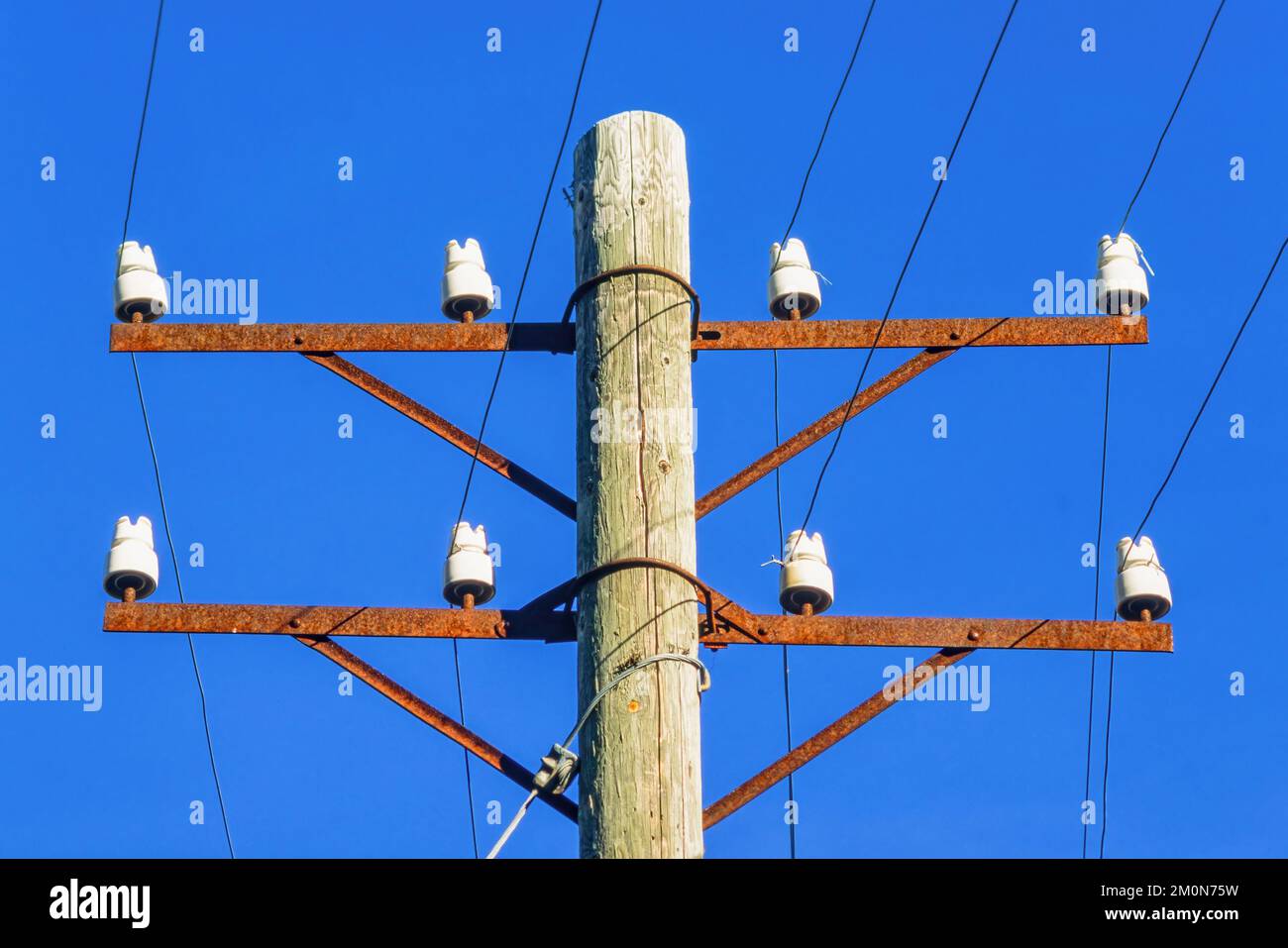 Old telephone poles with wires Stock Photo