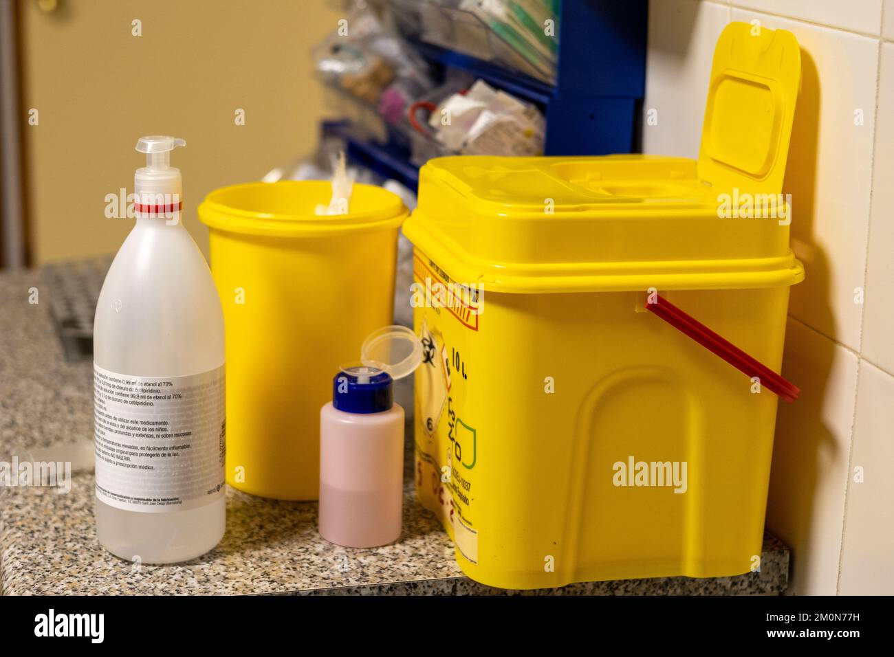 Clinical yellow color infectious waste bin Stock Photo