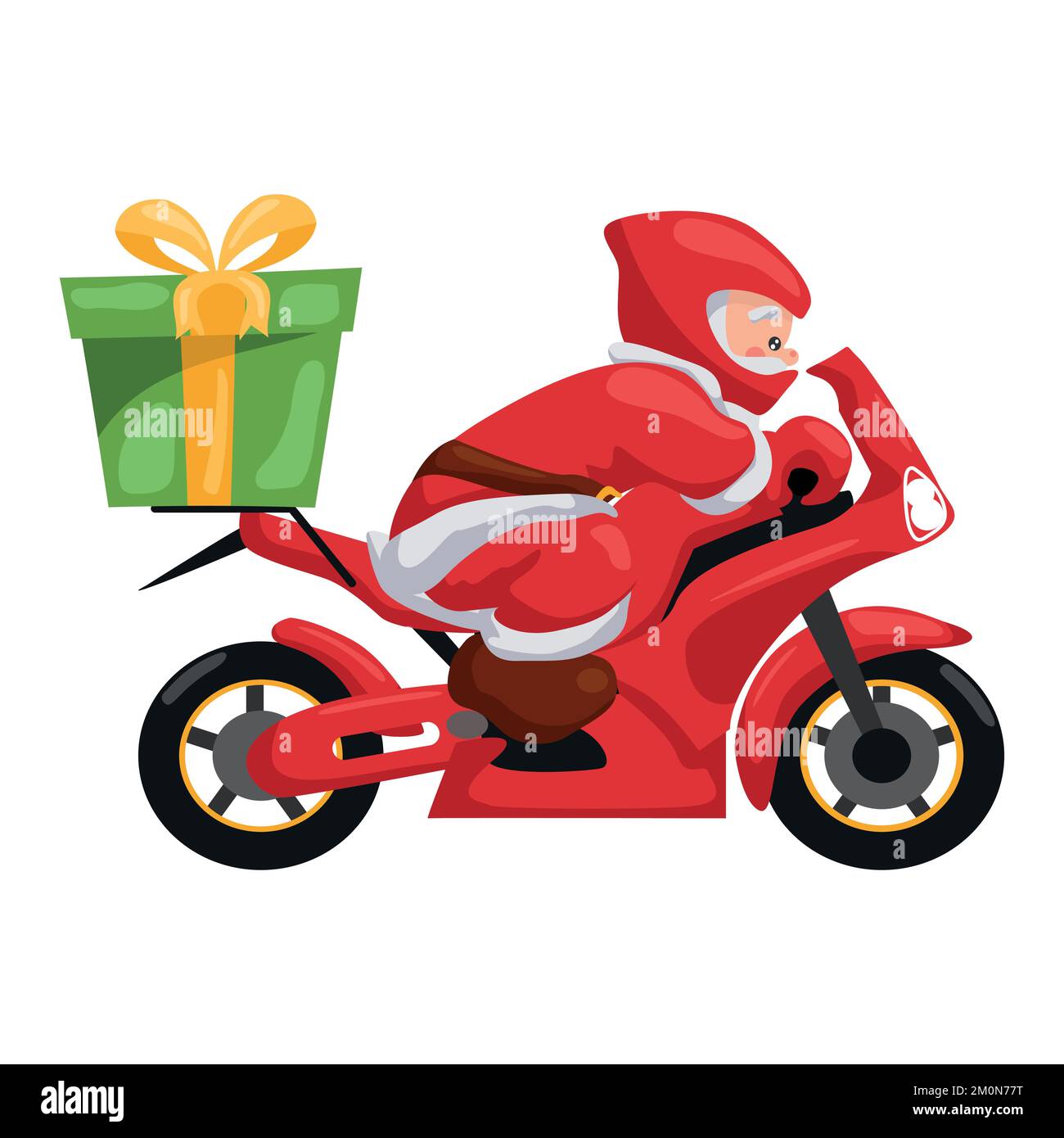 Santa Claus riding modern motorcycle delivering gifts. Design for