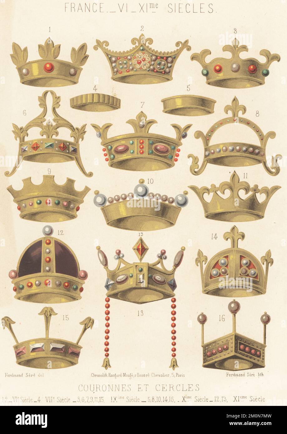 French crowns and diadems, 6th to 11th century. Crown of Pabo Post Prydain (Britons) 1, Fredegund 2, prince 3, princess 4, queen 5, Charles the Bald 6, Lothair 7, prince 8, Carloman I 9, king 10, Charlemagne 11, prince 12, queen 13, king 14, Charles the Bald 15, and a king 16. Couronnes et Cercles. France, VI - XIe siecles. Chromolithograph by Ferdinand Sere from Charles Louandre’s Les Arts Somptuaires, The Sumptuary Arts, Hangard-Mauge, Paris, 1858. Stock Photo