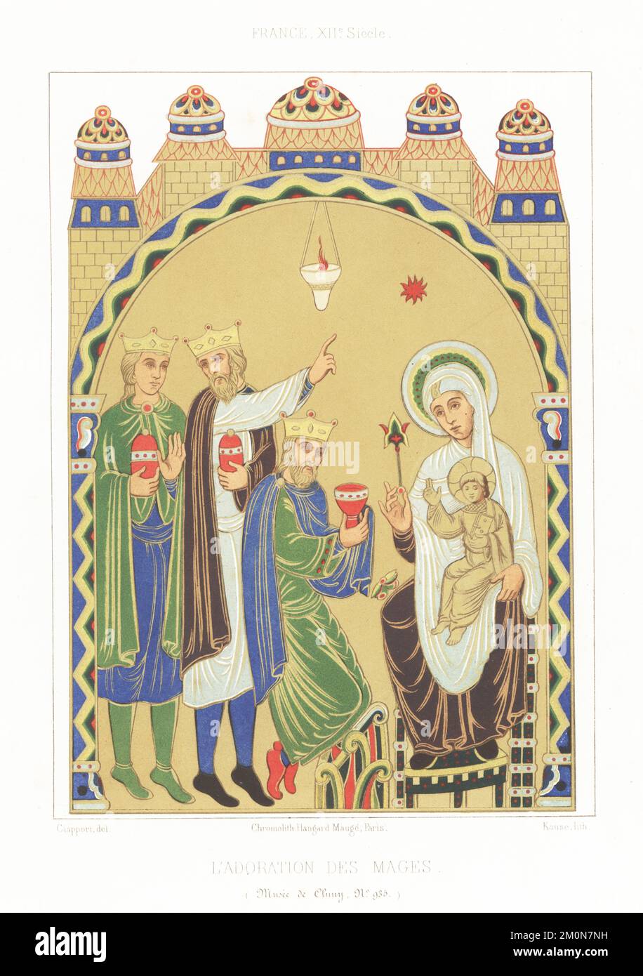 Adoration of the Magi in French ecclesiastical costume, 12th century. Three wise men in crowns bring gifts to the Virgin Mary and Jesus in halos. Plaque from the high altar of Grandmont. Etienne de Muret. France, XIIe siecle. Musee de Cluny, MS 935. Chromolithograph by Kause after an illustration by Claudius Joseph Ciappori from Charles Louandre’s Les Arts Somptuaires, The Sumptuary Arts, Hangard-Mauge, Paris, 1858. Stock Photo