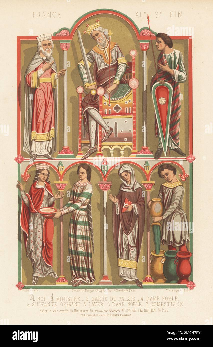 French costumes of the 12th century. Minister 1, king with crown, sword and sceptre 2, palace guard with spear and shield 3, maid holding a basin 5, noble women 4,6, and domestic servant 7. Taken from a manuscript Psalterium Cantuariense, Latin 8846, Psautier MS 1194, Bibliotheque Nationale de Paris. France XIIe Siecle. Chromolithograph by the Thurwanger Brothers after an illustration by Charles-Auguste Racinet from Charles Louandre’s Les Arts Somptuaires, The Sumptuary Arts, Hangard-Mauge, Paris, 1858. Stock Photo