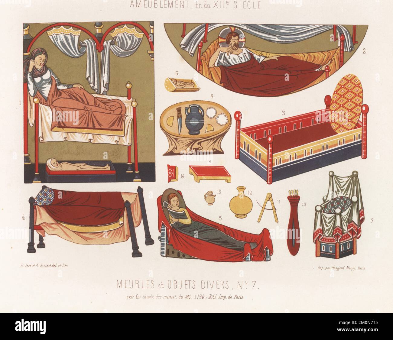 Beds and other furniture, late 12th century. Beds and cots with curtains 1-5, bed with moveable disk 3, desk 6, ceremonial chair 7, table 8, stool 9, quiver 10, stonemason's compass 11, vases 12,13, and  fragment of book binding 14. Meubles et objets divers 7, fin du XIIe siecle. Taken from a manuscript Psalterium Cantuariense, Latin 8846, Psautier MS 1194, Bibliotheque Imperiale de Paris. France XIIe Siecle. Chromolithograph drawn and lithographed by Ferdinand Sere and Auguste Racinet from Charles Louandre’s Les Arts Somptuaires, The Sumptuary Arts, Hangard-Mauge, Paris, 1858. Stock Photo