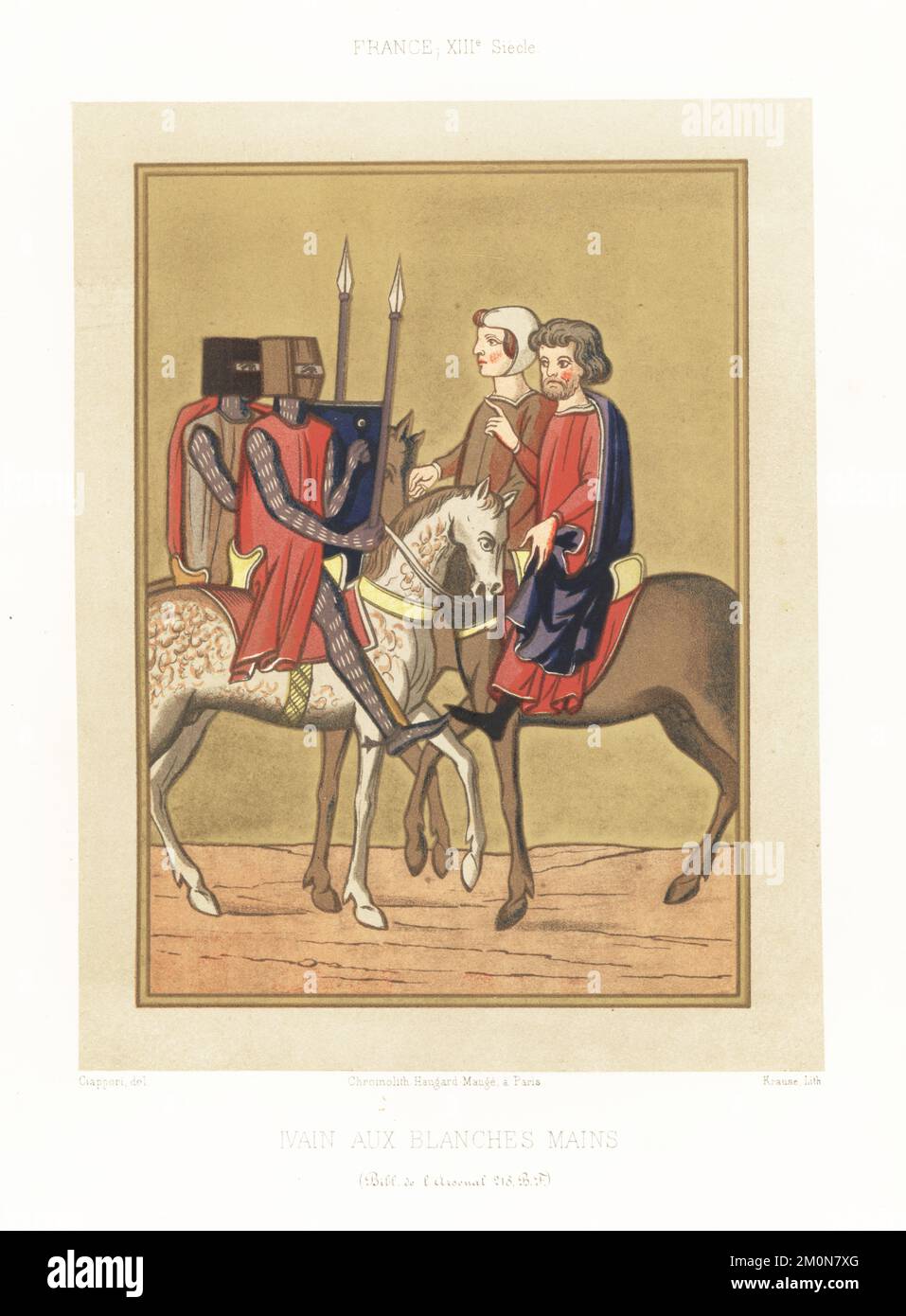 Sir Ywain, fictional knight of the Round Table in Arthurian legend. Sir Ywain and Guiron le Courtois meet travelers on the road. The knights wear cylindrical helmet, chainmail armour hauberk and armorial tunics, with lance and buckler. From manuscript MS 218, Bibliotheque de l'Arsenal. Ivain aux Blanches Mains. France, XIIIe Siecle. Chromolithograph by Krause after Claudius Joseph Ciappori from Charles Louandre’s Les Arts Somptuaires, The Sumptuary Arts, Hangard-Mauge, Paris, 1858. Stock Photo