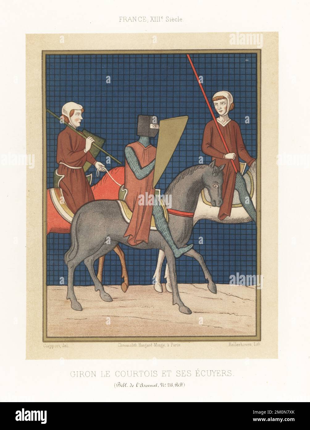 Guiron le Courtois and his equerries, 13th century. Knight in cylindrical helmet, chainmail armour hauberk, with gold buckler. Fictional knight of Arthurian legend and the French romance Palamedes. From MS 218, Bibliotheque de l'Arsenal. Giron le Courtois et ses ecuyers. France XIIIe Siecle. Chromolithograph by Franz Kellerhoven after an illustration by Claudius Joseph Ciappori  from Charles Louandre’s Les Arts Somptuaires, The Sumptuary Arts, Hangard-Mauge, Paris, 1858. Stock Photo
