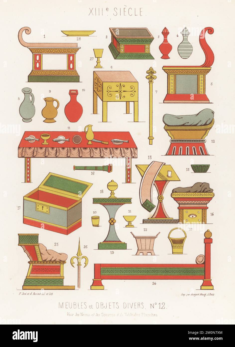 Furniture and diverse objects, 13th century. Tables, vases, beds, chairs, chests 17, megaphone 16, sceptre 7, and halberd or spearhead 26. Taken from stained-glass windows at Bourges Cathedral and manuscripts in the Bib. Imp. Chromolithograph by Ferdinand Sere and Auguste Racinet from Charles Louandre’s Les Arts Somptuaires, The Sumptuary Arts, Hangard-Mauge, Paris, 1858. Stock Photo