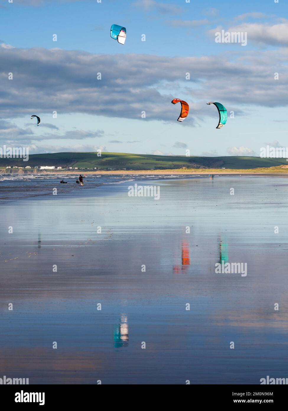 Kite Boarders at Westward Ho! on the North Devon coast, England. Stock Photo