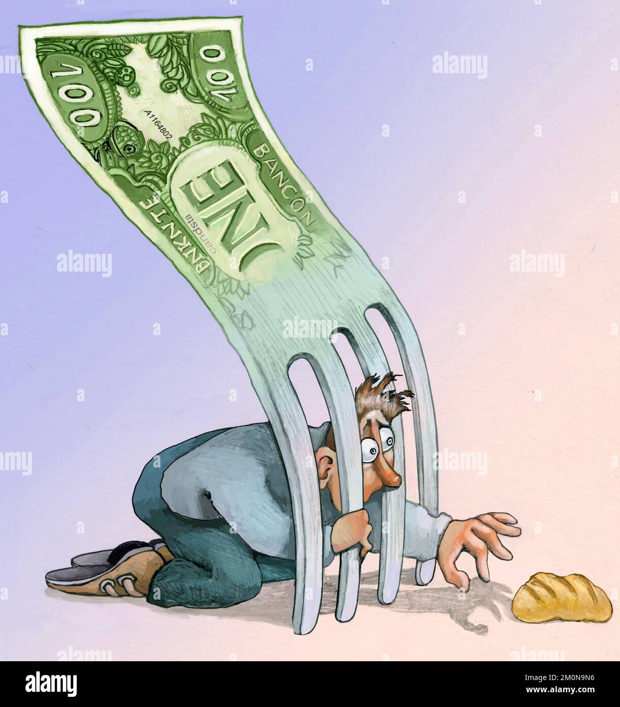 a worker tries to reach for some bread but is blocked by a fork created from a banknote Stock Photo