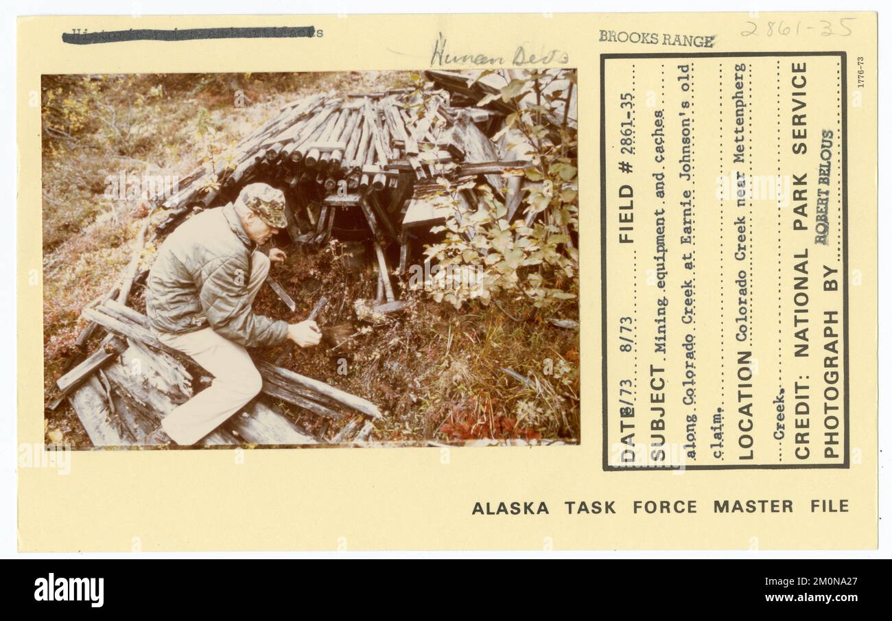 Mining equipment and caches along Colorado Creek at Earnie Johnson's old claim. Alaska Task