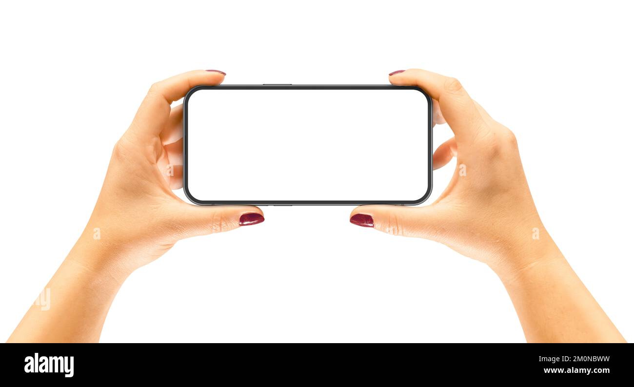 Woman hand holding smart phone with blank screen isolated on white. Template, mockup Stock Photo