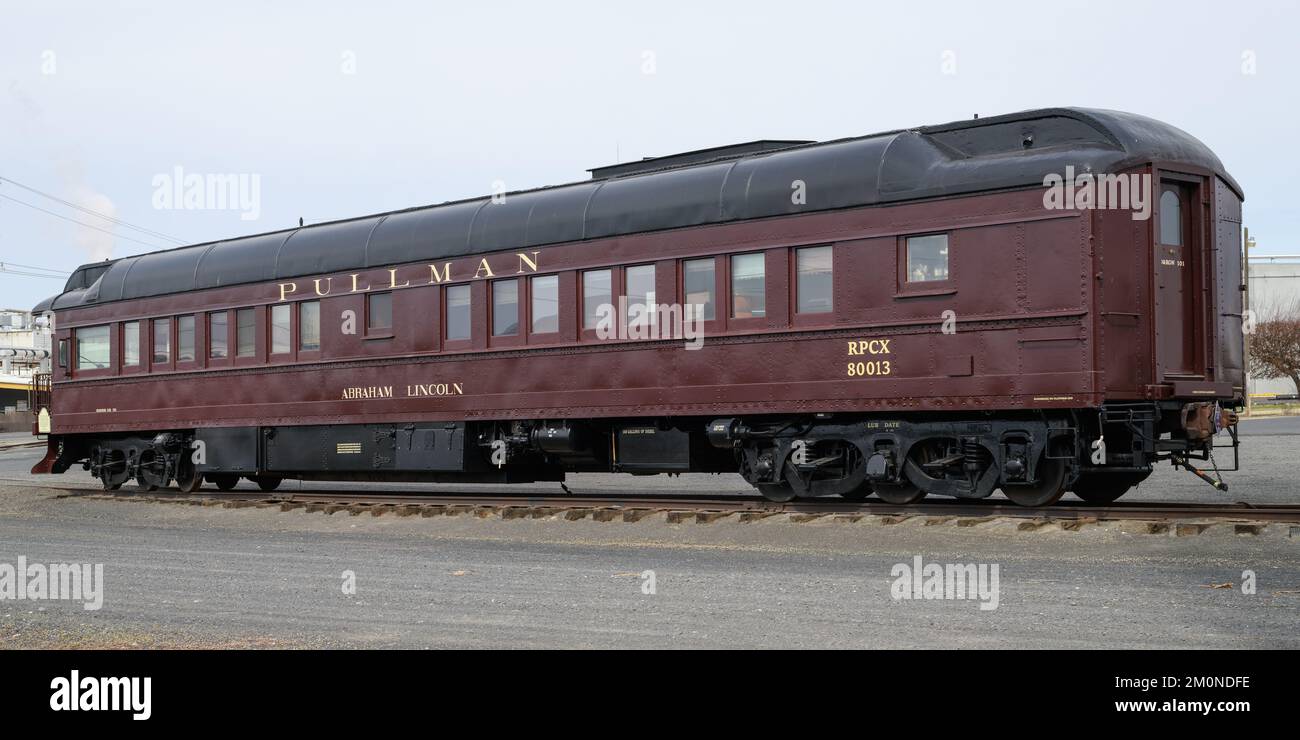 Othello, WA, USA - March 24, 2022; Pullman passenger railroad car named Abraham Lincoln with name Stock Photo