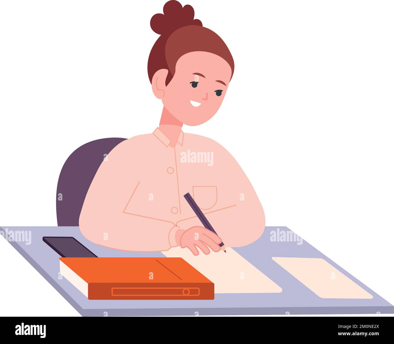 Kid doing homework. School girl studying and writing isolated on white background Stock Vector