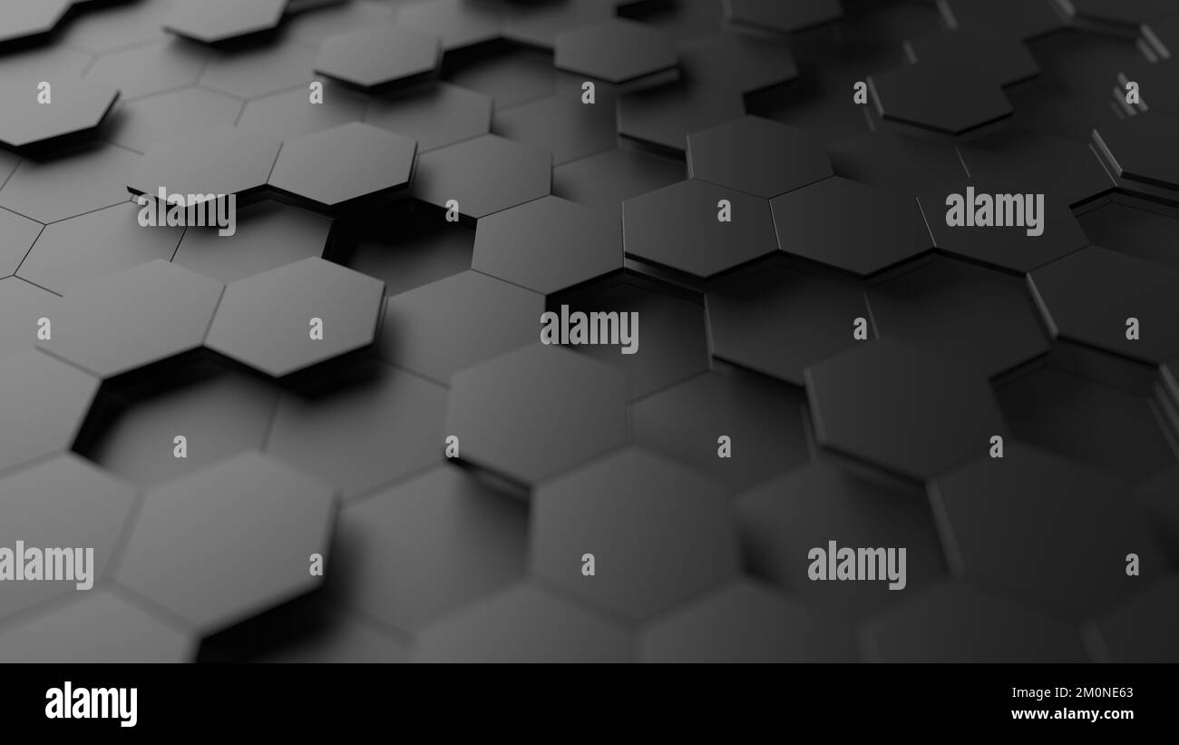 Hexagon tiles. Cold dark gray color. Abstract hexagon background. Honeycomb. Shallow depth of field. 3d illustration. Stock Photo
