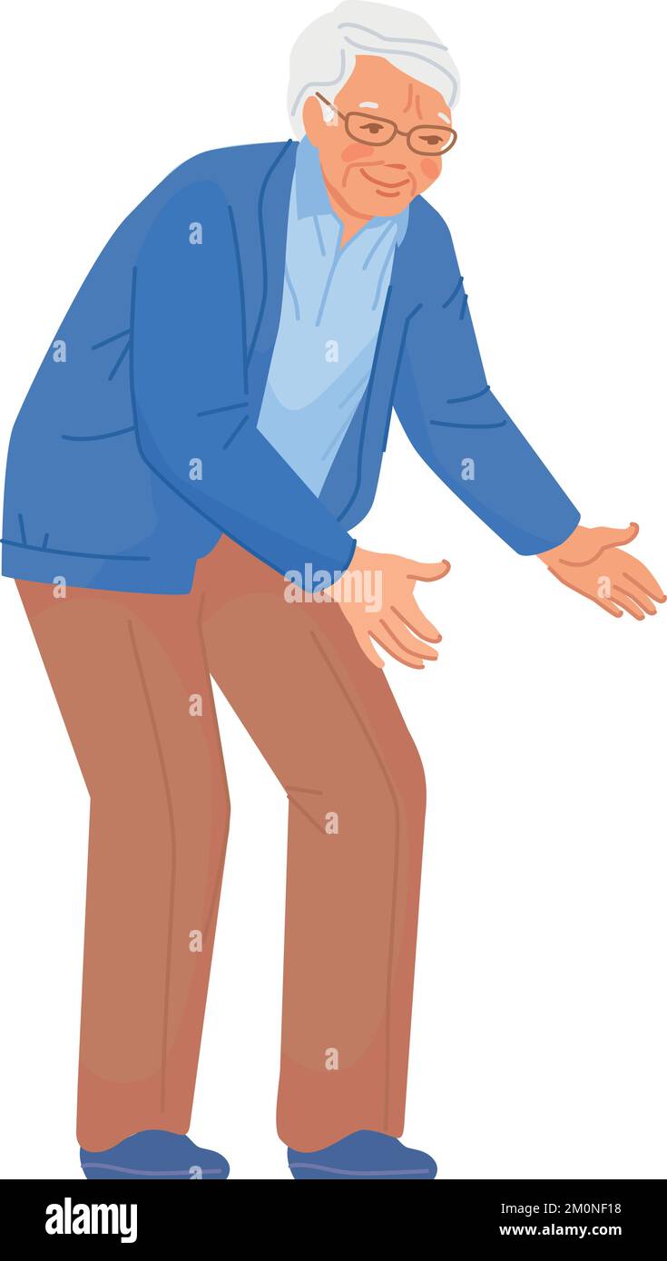 Senior bend over. Smiling old man. Happy elderly person isolated on white background Stock