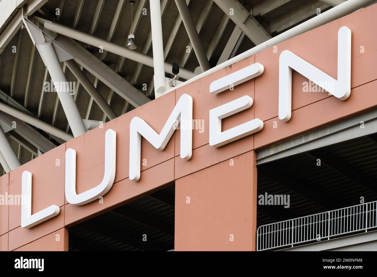 Seattle - March 20, 2022; Lumen Technologies corporation sign on sports stadium in Seattle in closeup Stock Photo