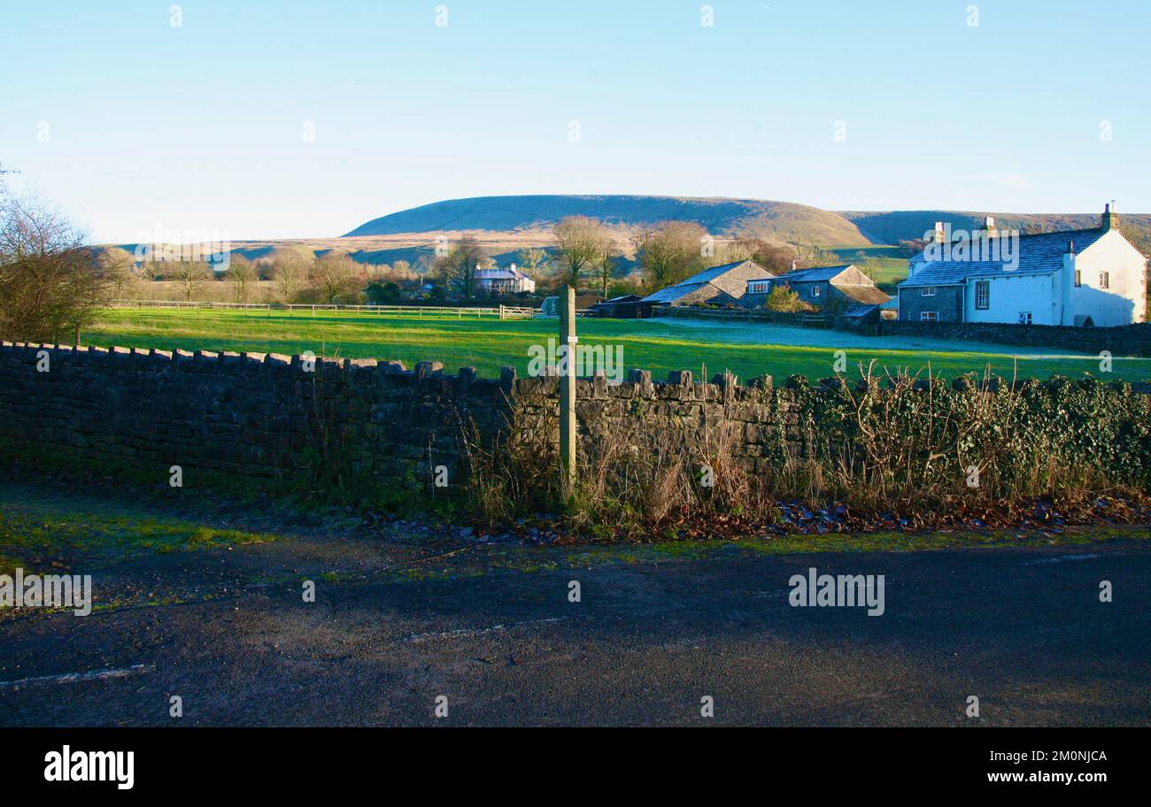 A view of Pendle Hill from the edge of the village, Worston, Clitheroe, Lancashire, United Kingdom, Europe Stock Photo