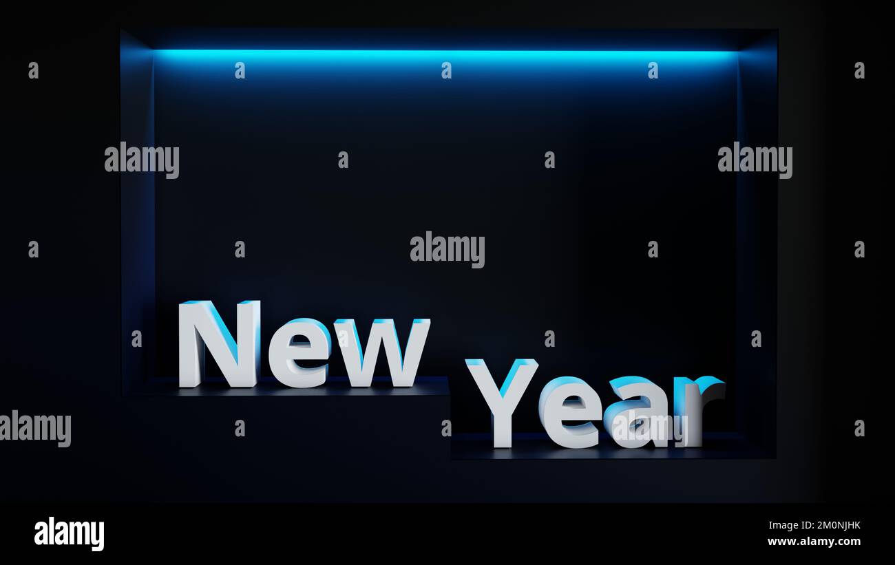 isolated big new year text in empty space for new year eve celebration or use in social media advertising or use for new year greetings with glowing Stock Photo