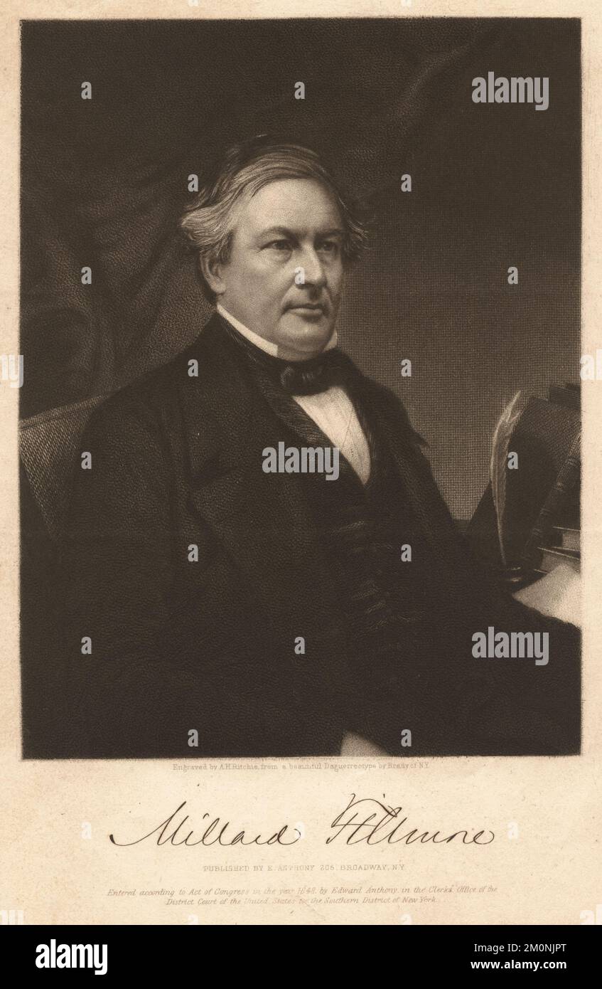 Portrait of American politician Millard Fillmore (1800 - 1874), who served as the 13th president of the United States from 1850 to 1853, 1848. Engraving by Alexander Hay Ritchie (1822 - 1895) from a daguerreotype by Mathew Brady (1822 - 1896) Stock Photo