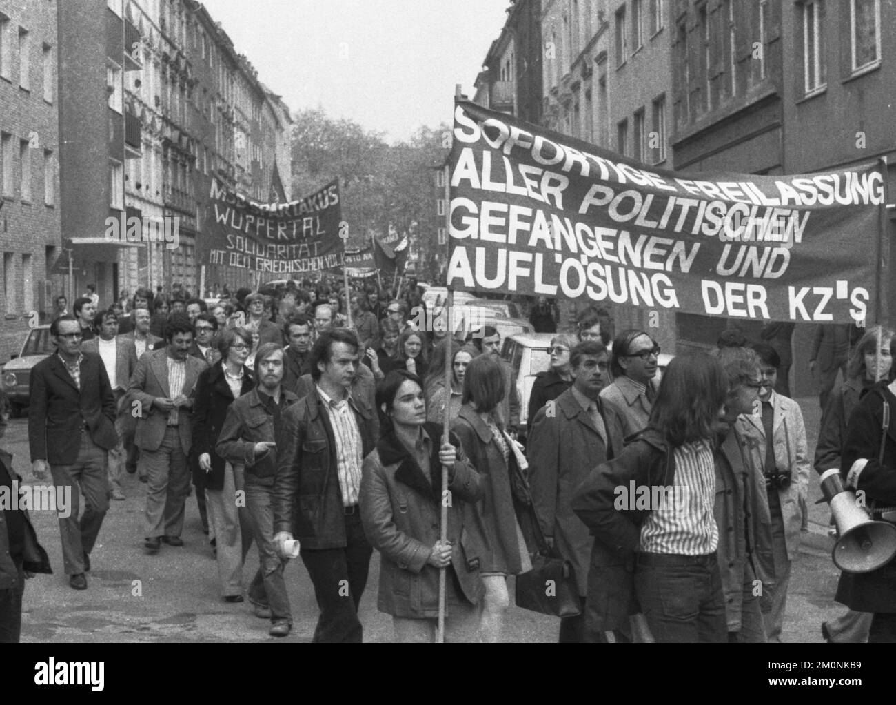 An international youth seminar followed by a demonstration of Germans and Greeks in Düsseldorf on 27 April 1974 manifested solidarity with the struggl Stock Photo
