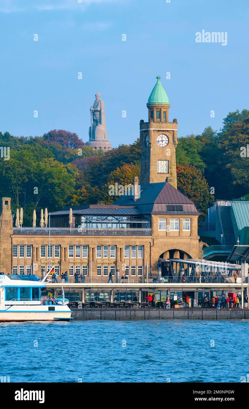 St. Pauli Landing Bridges on the River Elbe, with the Bismarck Monument in the background