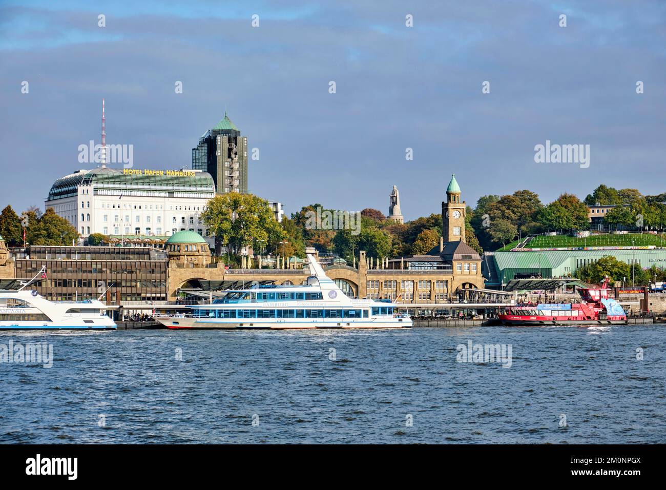 St. Pauli Landing Bridges on the River Elbe, with the Bismarck Monument in the background